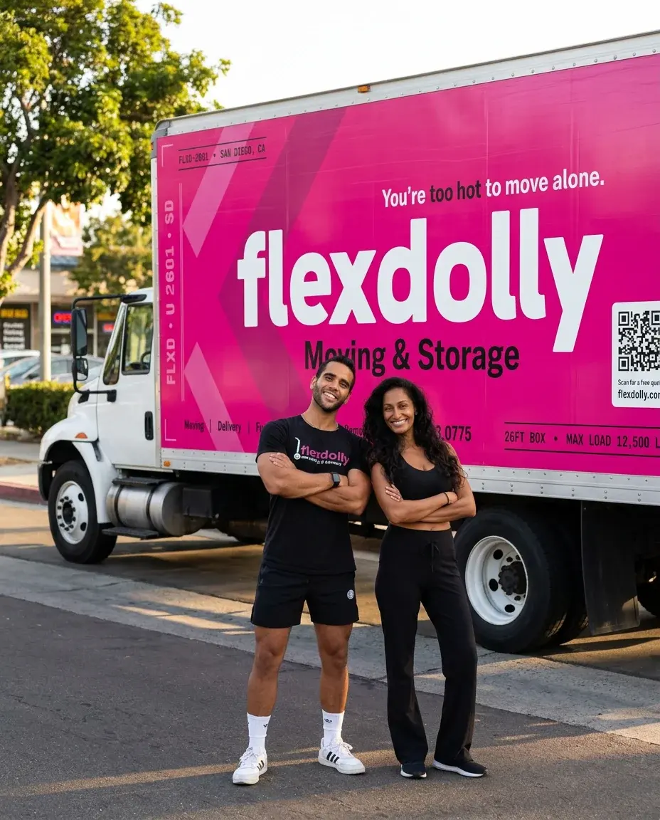 The Flexdolly founders standing with crossed arms beside the new hot-pink Flexdolly truck