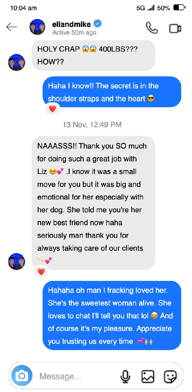 Instagram message from eliandmike thanking Nas for taking such good care of a client they referred, with her dog, on a small but emotional move