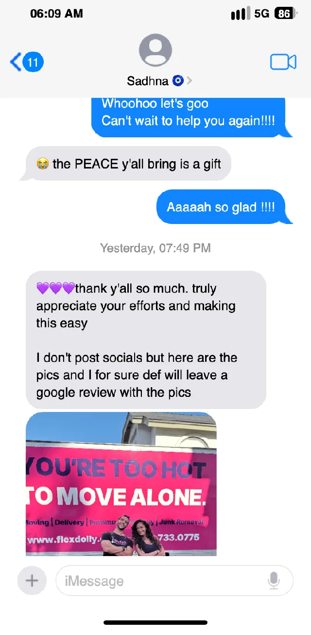 Text conversation with Sadhna: thank you all so much, truly appreciate your efforts, sending photos and promising a Google review